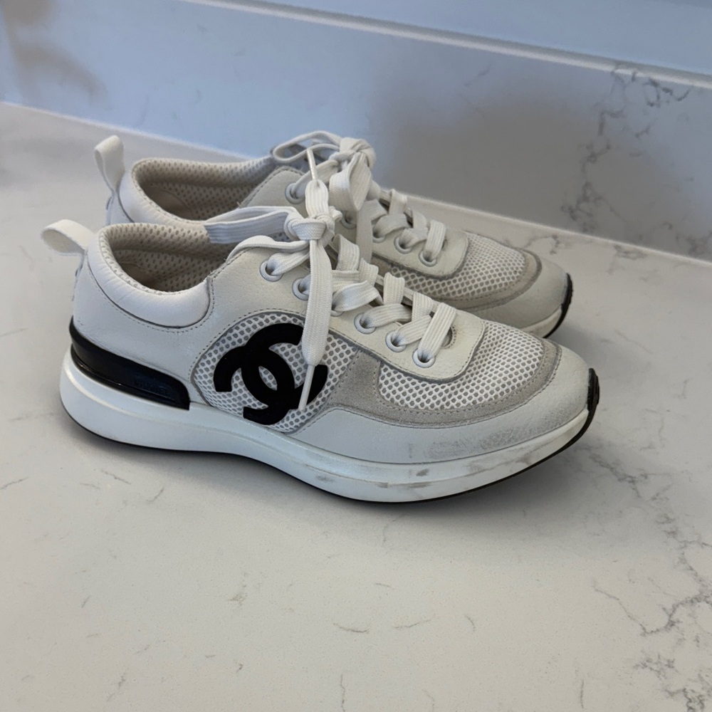 CHANEL White and Black Sneakers